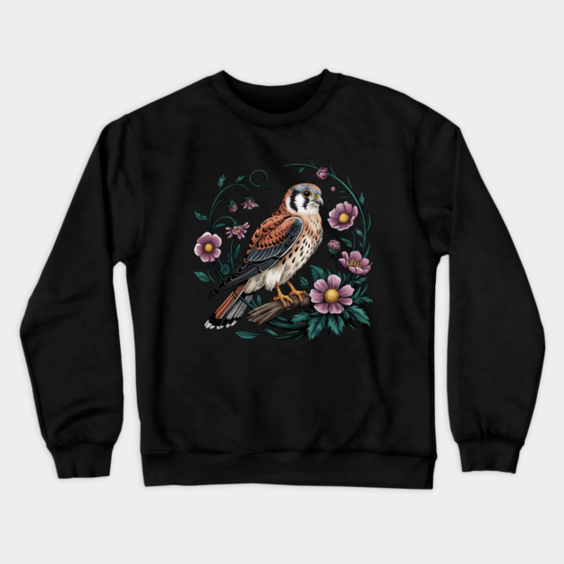 American kestrel Surrounded by Purple Wildflowers Crewneck Sweatshirt by BirdsnStuff