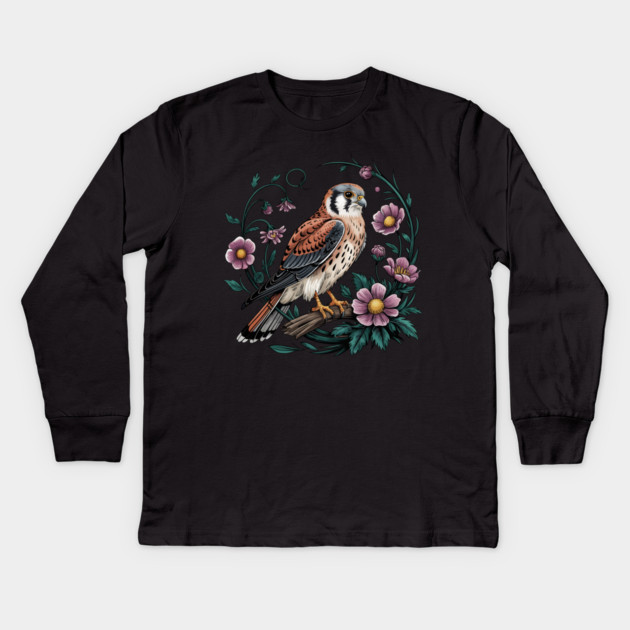 American kestrel Surrounded by Purple Wildflowers Kids Long Sleeve T-Shirt by BirdsnStuff