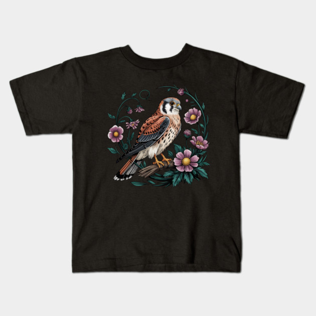 American kestrel Surrounded by Purple Wildflowers Kids T-Shirt by BirdsnStuff