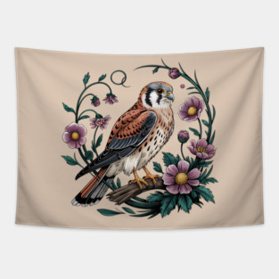 American kestrel Surrounded by Purple Wildflowers Tapestry