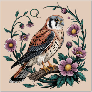 American kestrel Surrounded by Purple Wildflowers Posters and Art