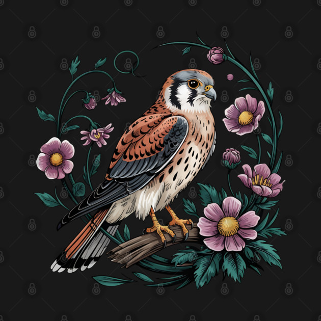 American kestrel Surrounded by Purple Wildflowers by BirdsnStuff