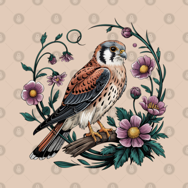 American kestrel Surrounded by Purple Wildflowers by BirdsnStuff