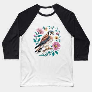 American Kestrel Surrounded by Pink Vintage Flowers Baseball T-Shirt