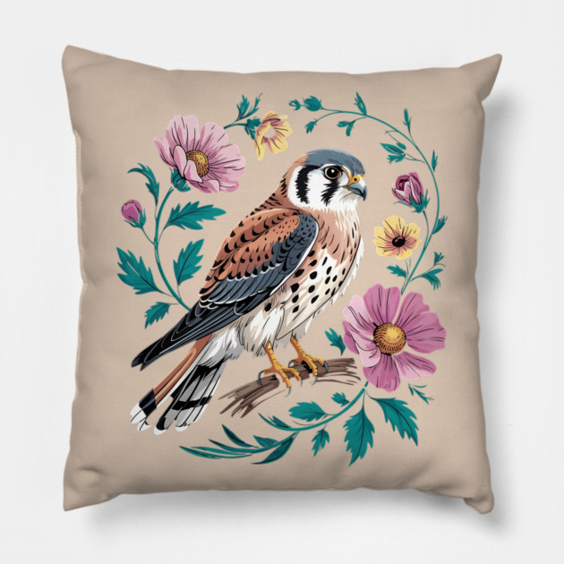 American Kestrel Surrounded by Pink Vintage Flowers Pillow by BirdsnStuff