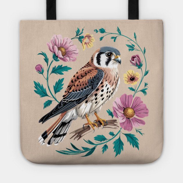 American Kestrel Surrounded by Pink Vintage Flowers Tote by BirdsnStuff