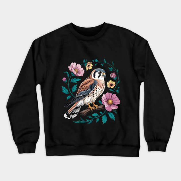 American Kestrel Surrounded by Pink Vintage Flowers Crewneck Sweatshirt by BirdsnStuff
