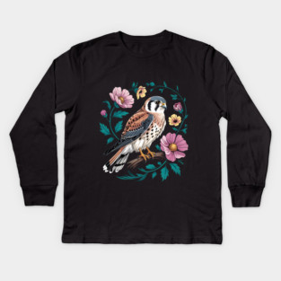 American Kestrel Surrounded by Pink Vintage Flowers Kids Long Sleeve T-Shirt