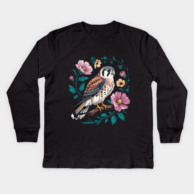 American Kestrel Surrounded by Pink Vintage Flowers Kids Long Sleeve T-Shirt by BirdsnStuff