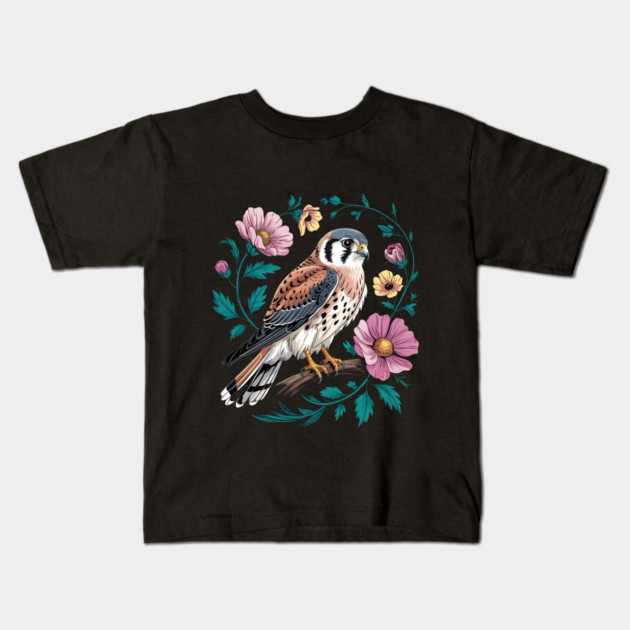 American Kestrel Surrounded by Pink Vintage Flowers Kids T-Shirt by BirdsnStuff