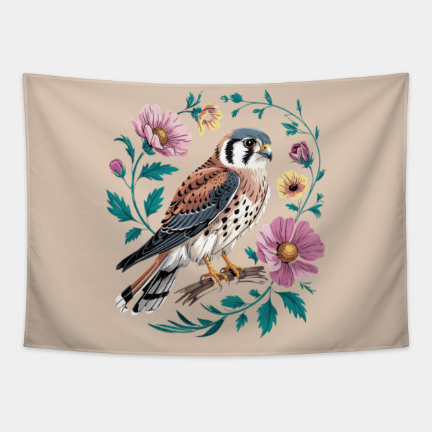 American Kestrel Surrounded by Pink Vintage Flowers Tapestry by BirdsnStuff
