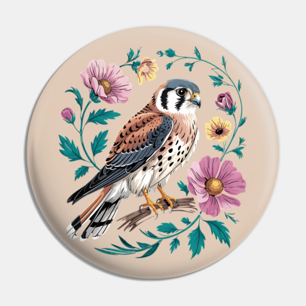 American Kestrel Surrounded by Pink Vintage Flowers Pin by BirdsnStuff