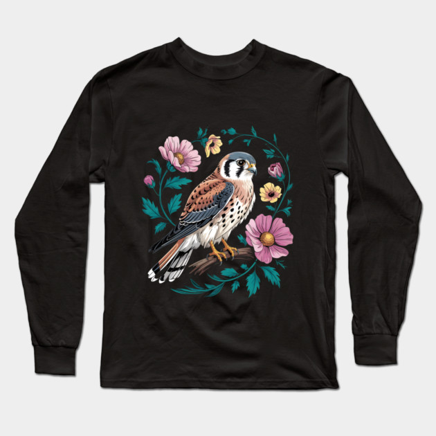 American Kestrel Surrounded by Pink Vintage Flowers Long Sleeve T-Shirt by BirdsnStuff
