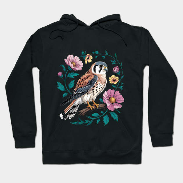 American Kestrel Surrounded by Pink Vintage Flowers Hoodie by BirdsnStuff