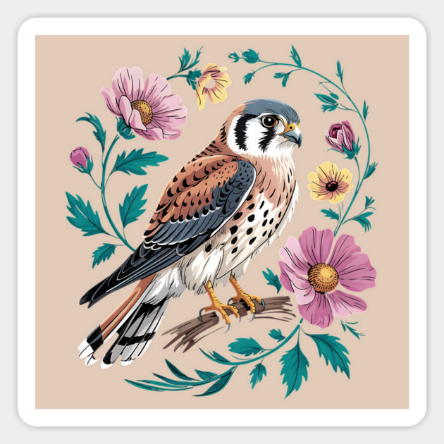 American Kestrel Surrounded by Pink Vintage Flowers Magnet by BirdsnStuff