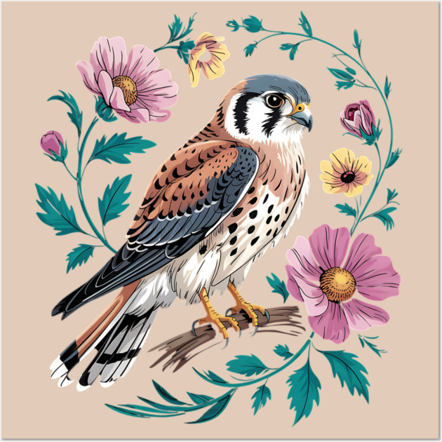 American Kestrel Surrounded by Pink Vintage Flowers Wall Art by BirdsnStuff