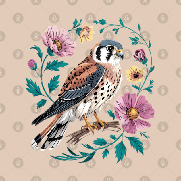 American Kestrel Surrounded by Pink Vintage Flowers by BirdsnStuff