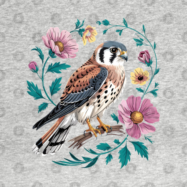 American Kestrel Surrounded by Pink Vintage Flowers by BirdsnStuff