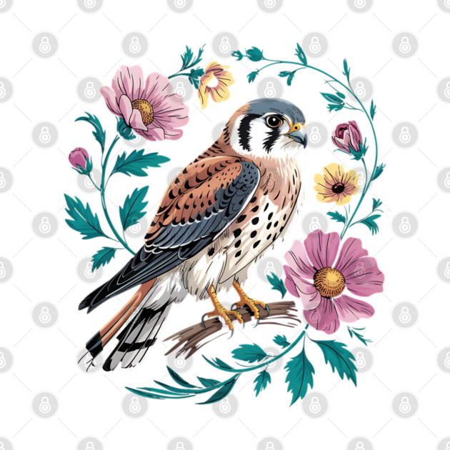 American Kestrel Surrounded by Pink Vintage Flowers by BirdsnStuff