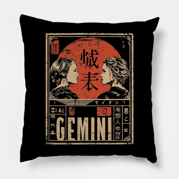 Gemini Zodiac Poster – Duality Art in Japanese Graphic Style Pillow by TuncGK