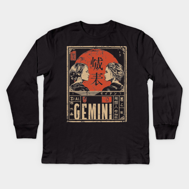 Gemini Zodiac Poster – Duality Art in Japanese Graphic Style Kids Long Sleeve T-Shirt by TuncGK