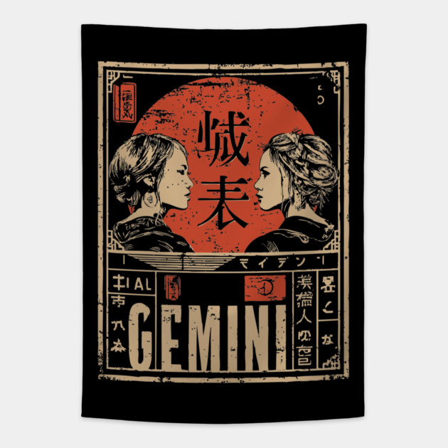 Gemini Zodiac Poster – Duality Art in Japanese Graphic Style Tapestry by TuncGK