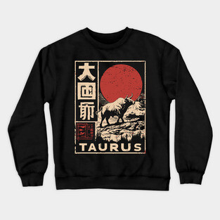 Taurus Zodiac Poster – Japanese Bull Strength Woodblock Print Crewneck Sweatshirt