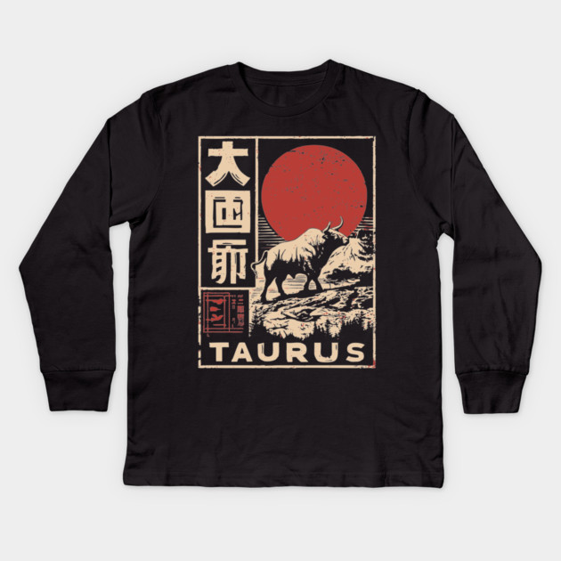 Taurus Zodiac Poster – Japanese Bull Strength Woodblock Print Kids Long Sleeve T-Shirt by TuncGK