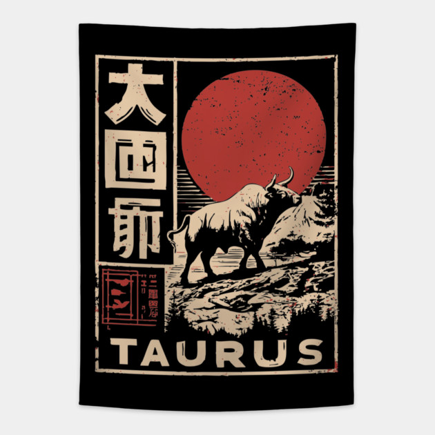 Taurus Zodiac Poster – Japanese Bull Strength Woodblock Print Tapestry by TuncGK