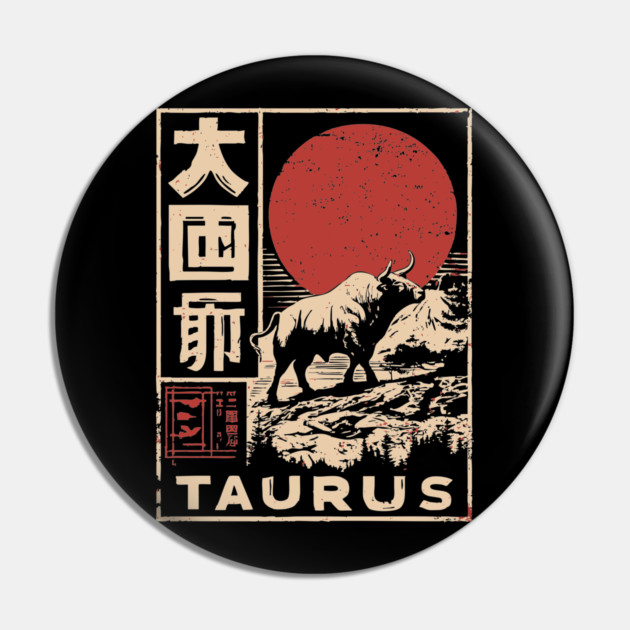 Taurus Zodiac Poster – Japanese Bull Strength Woodblock Print Pin by TuncGK