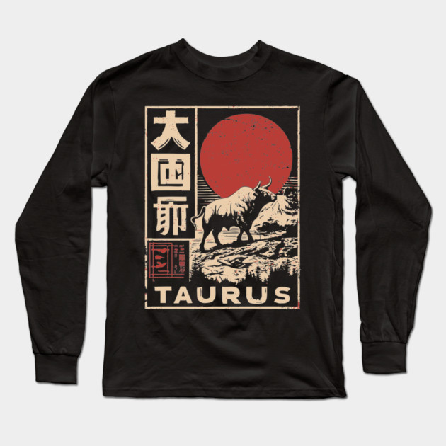 Taurus Zodiac Poster – Japanese Bull Strength Woodblock Print Long Sleeve T-Shirt by TuncGK
