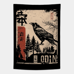 Odin God Poster – Norse Mythology in Japanese Woodblock Style Tapestry
