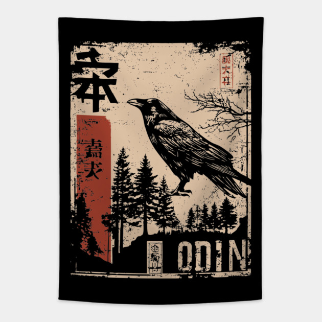 Odin God Poster – Norse Mythology in Japanese Woodblock Style Tapestry by TuncGK