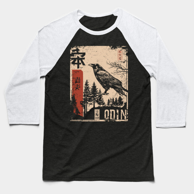 Odin God Poster – Norse Mythology in Japanese Woodblock Style Baseball T-Shirt by TuncGK