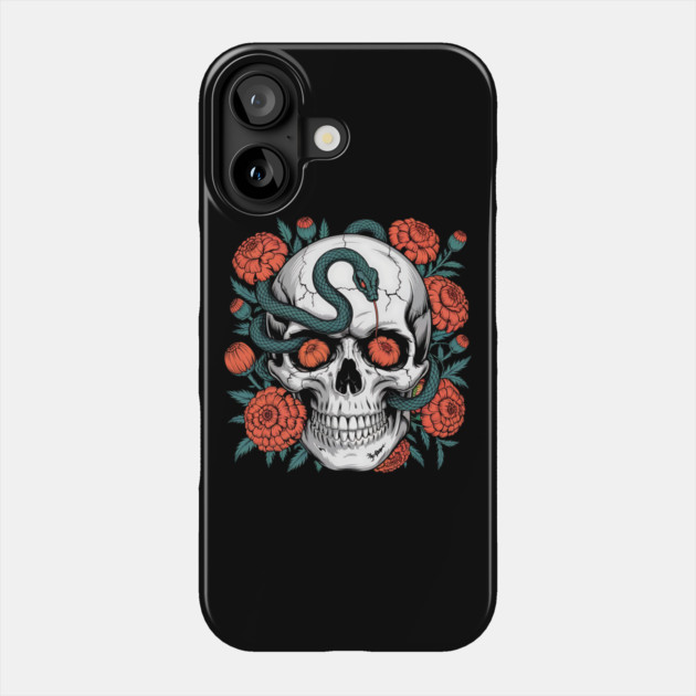 Skull Wrapped in Serpent with Marigolds Phone Case by BirdsnStuff