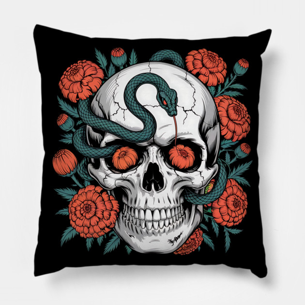 Skull Wrapped in Serpent with Marigolds Pillow by BirdsnStuff