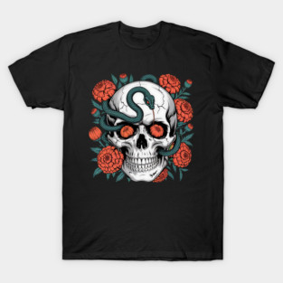 Skull Wrapped in Serpent with Marigolds T-Shirt