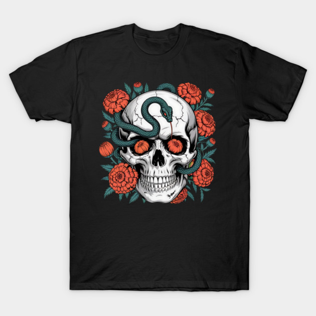 Skull Wrapped in Serpent with Marigolds T-Shirt by BirdsnStuff