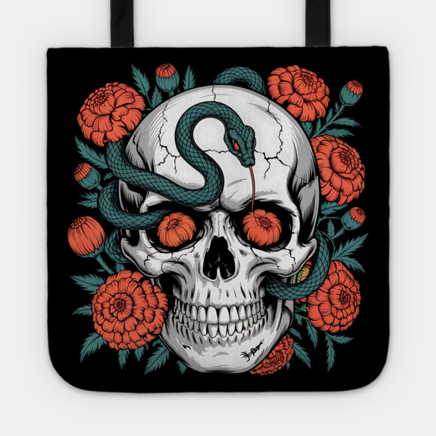 Skull Wrapped in Serpent with Marigolds Tote by BirdsnStuff