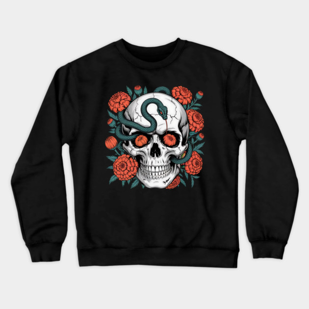 Skull Wrapped in Serpent with Marigolds Crewneck Sweatshirt by BirdsnStuff