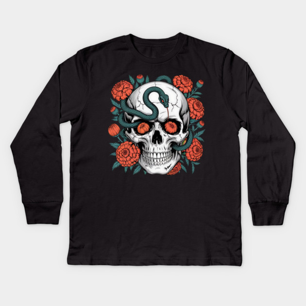 Skull Wrapped in Serpent with Marigolds Kids Long Sleeve T-Shirt by BirdsnStuff