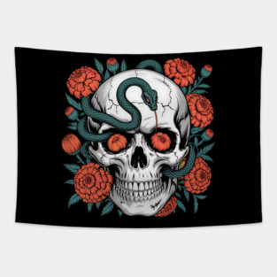 Skull Wrapped in Serpent with Marigolds Tapestry