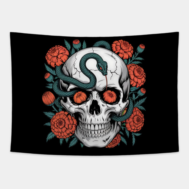 Skull Wrapped in Serpent with Marigolds Tapestry by BirdsnStuff