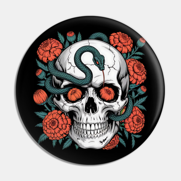 Skull Wrapped in Serpent with Marigolds Pin by BirdsnStuff