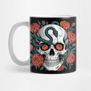 Skull Wrapped in Serpent with Marigolds Mug