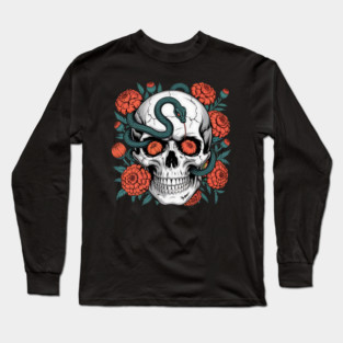 Skull Wrapped in Serpent with Marigolds Long Sleeve T-Shirt
