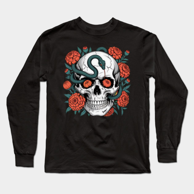 Skull Wrapped in Serpent with Marigolds Long Sleeve T-Shirt by BirdsnStuff