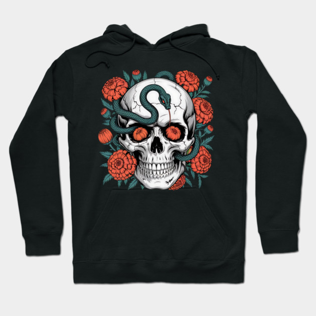 Skull Wrapped in Serpent with Marigolds Hoodie by BirdsnStuff