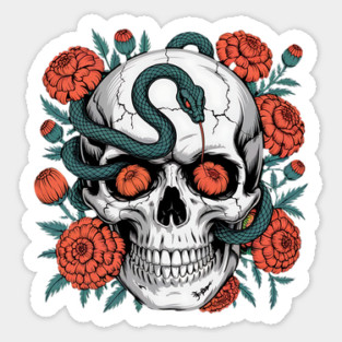 Skull Wrapped in Serpent with Marigolds Magnet
