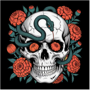 Skull Wrapped in Serpent with Marigolds Posters and Art